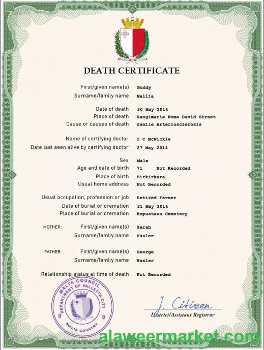 Malta vital record death certificate PSD template